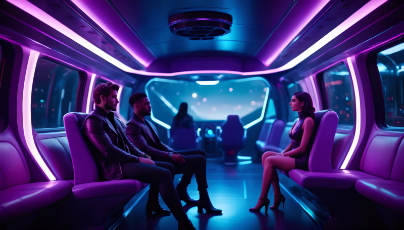 Zwei Männer und eine Frau sitzen sich in einem futuristischen Raumschiff gegenüber. Sie reisen im digitalen Orbit, was die Reise mit Witchcraft Solutions aus Dortmund symbolisieren soll.