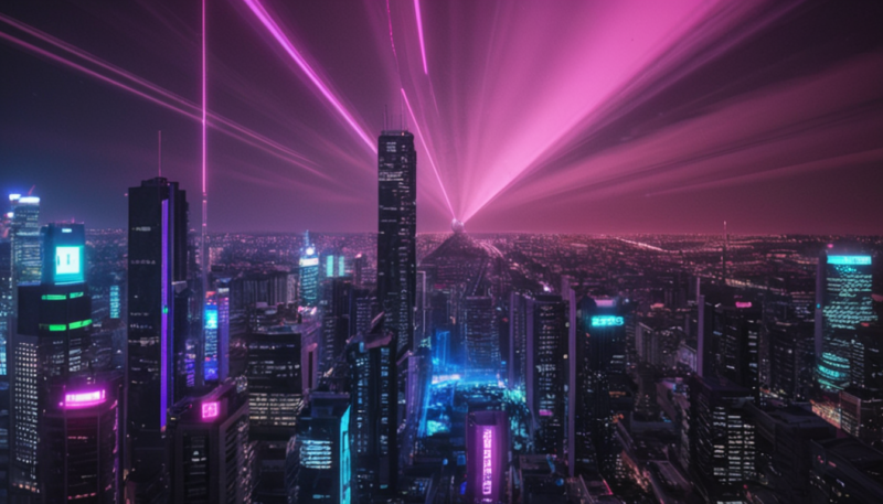 Eine Stadt mit Hochhäusern und neonfarbenen Strahlen am Himmel. Digitalisierung und Zukunft