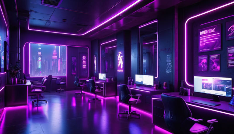 Ein futuristischer Raum mit Neon Lichtern stellvertretend für einen digitalen Klassenraum von Witchcraft Solutions