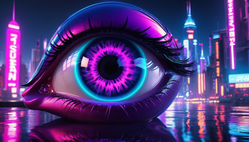 Ein riesiges Auge im Cyberpunk Stil in den Farben von Witchcraft Solutions.