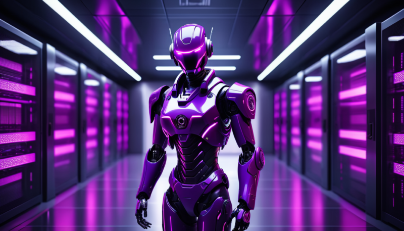 Ein KI Roboter steht in einem Serverraum und schaut in die Kamera, alles ist lila-neon-Farben. Das Bild so die digitale KI Revolution symbolisieren.