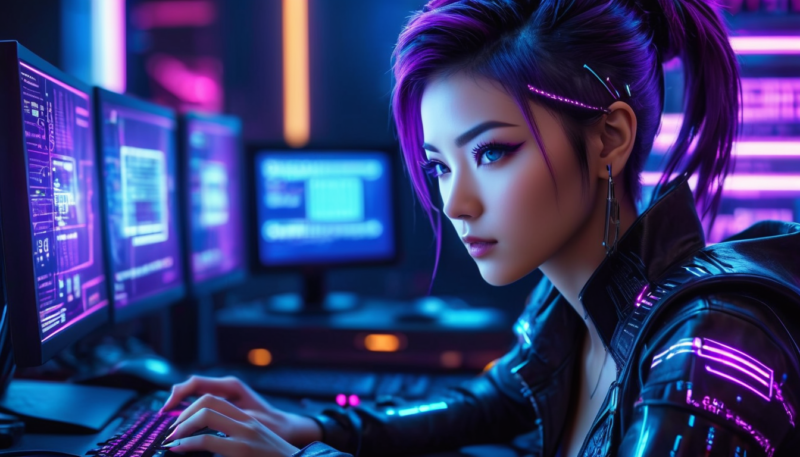 Eine Frau sitzt vor mehreren Computerbildschirmen. Sie soll einen SEO-Profi darstellen und ist gerade bei der Arbeit